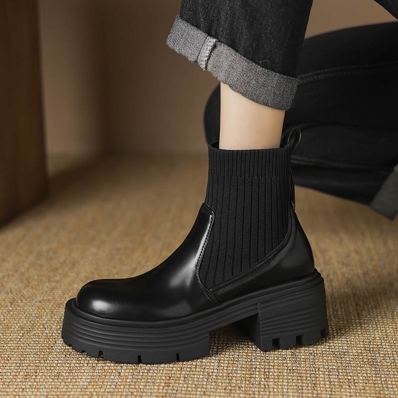 Krazing Pot Microfiber Autumn Winter Shoes Thick High Heels Thick Bottom Size 43 Motorcycle Boots Stretch Knitwear Ankle Boots