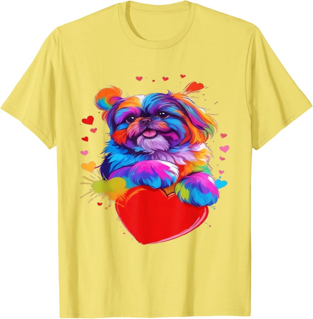 Colorful Shih Tzu Heart Graphic T-Shirt Cute Dog Lover Casual Short Sleeve Tee