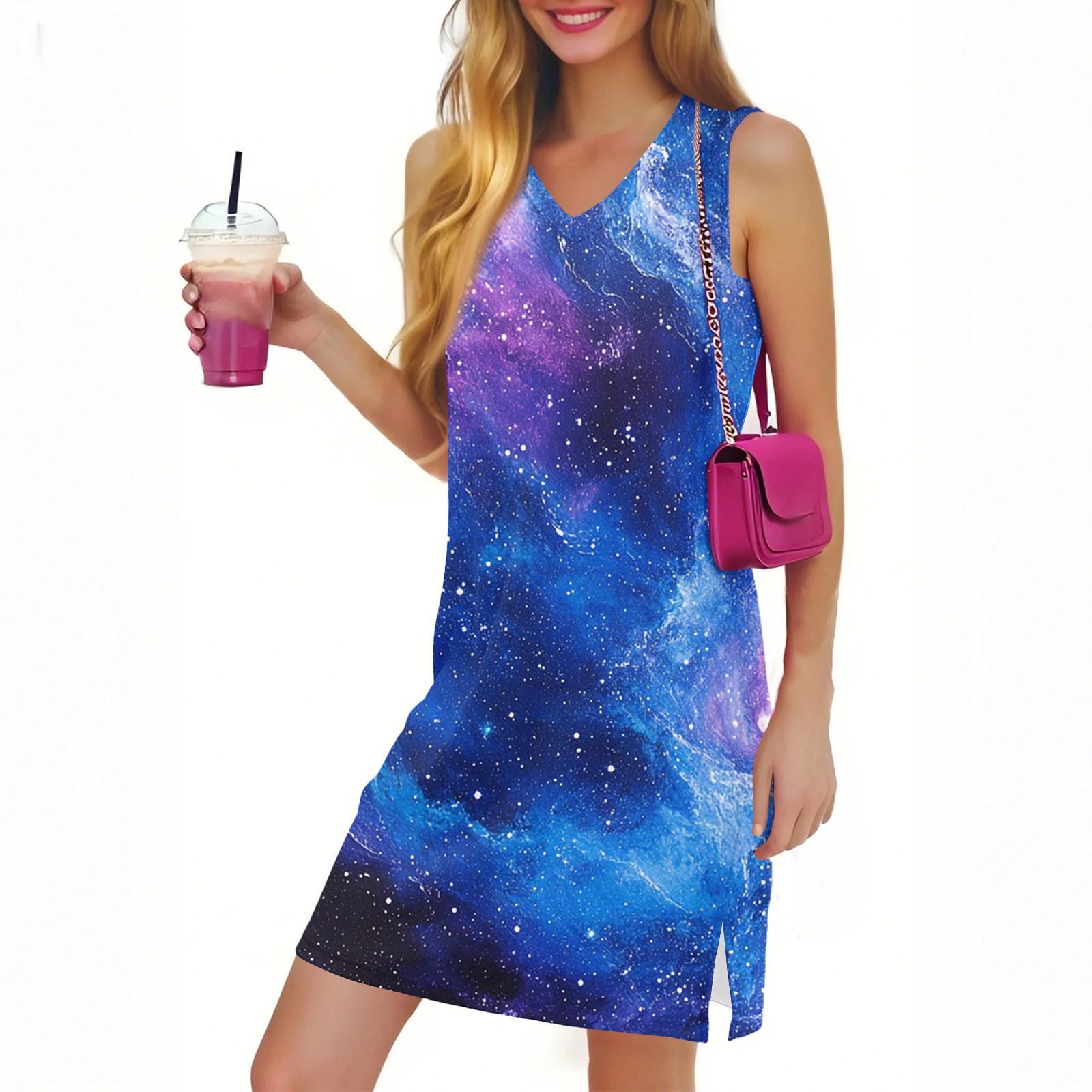 Women s Casual Fashion Sexy V-neck Sleeveless Floral Hem Slit Dress S