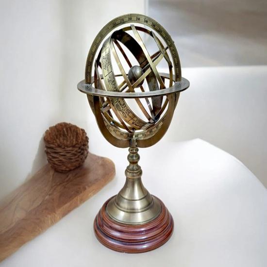 15.24 cm Brass Armillary Sphere on Elegant Wooden Base A Nostalgic Décor Accent for Your Home Décor Table top Gift