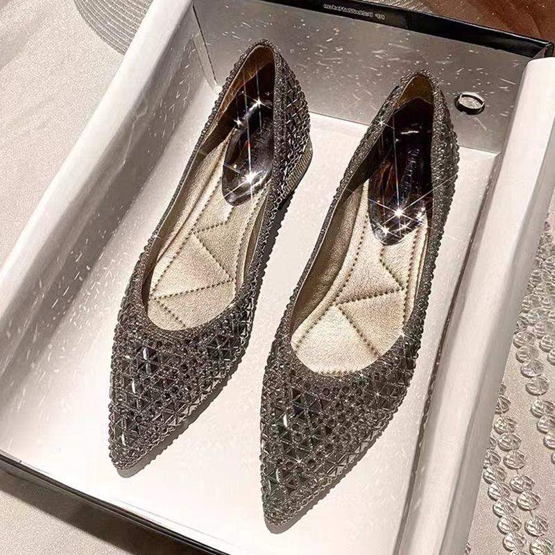 Fashion FHC New Women Rhinestone Flats,Soft Working Shoes,Summer Low Heels,Hollow Out,Slip On,Pointed Toe,Black,Grey,Dropship