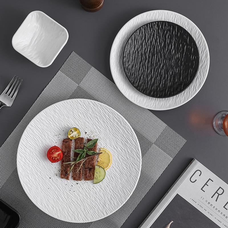 Black dish ceramic plate disc white Western restaurant tableware Barbecue grilled meat serving plate Ceramic frosted steak plate
