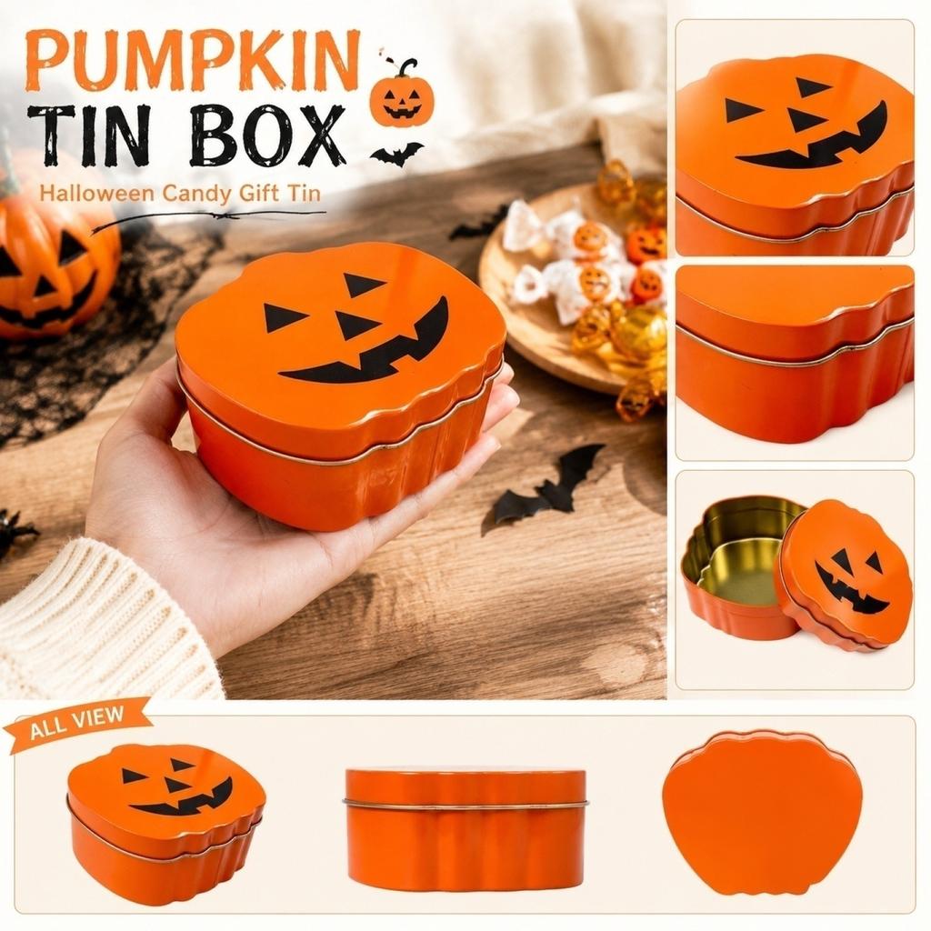 Halloween Pumpkin-Shaped Tin Can for Candy Gift Storage Novelty Box