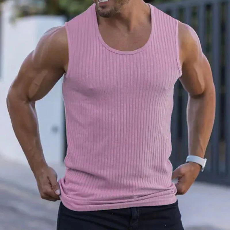 Summer Men's Sleeveless Wide Shoulder Knitted Stripe Fitness Sports Leisure Fit Tank Top