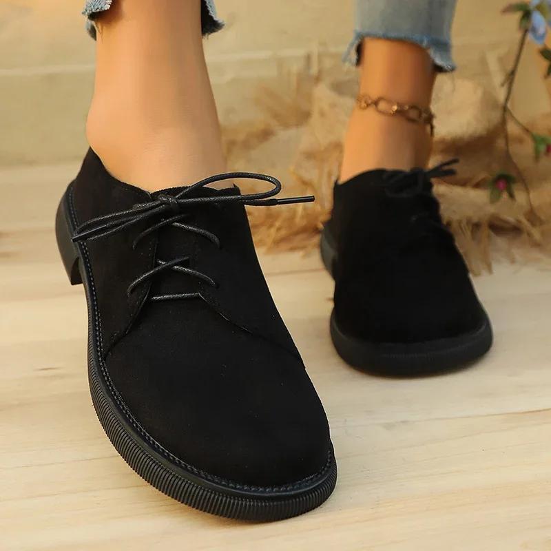 Fashion Leopard Low Heels Pumps Women 2025 Spring Thick Heel Faux Suede Oxford Shoes Woman Plus Size Lace Up Single Shoes Mujer