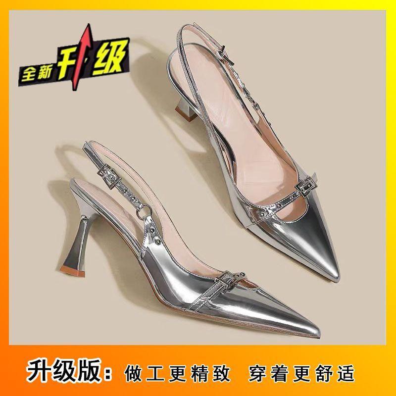 Niche fashion design sense one-word buckle bag head single shoes rear tripple rivets black high heels summer and autumn new models