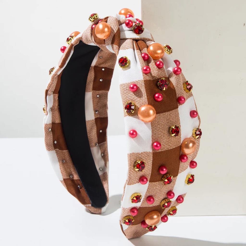 Hot-selling Fashion Checkerboard Fabric Knotted Beads Drill Headband Versatile Hair Accessories Women