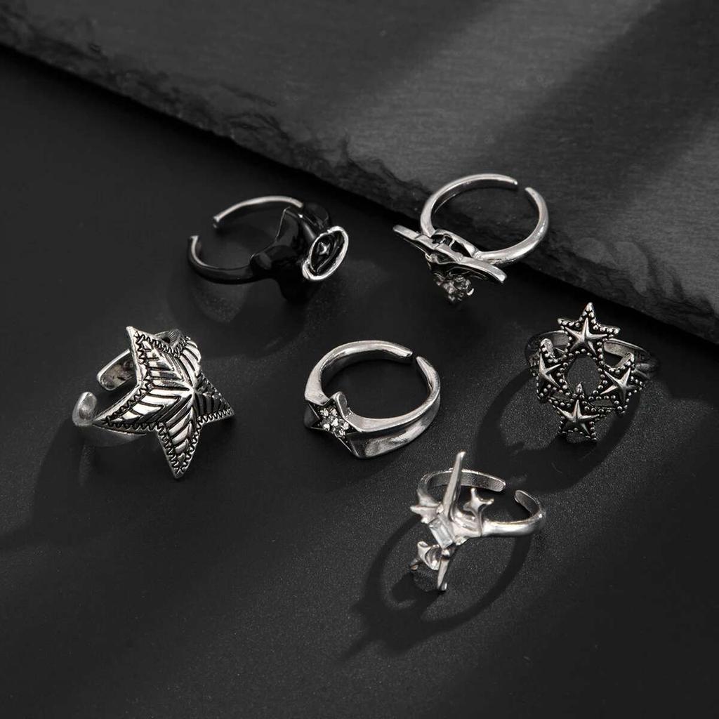 KunJoe 6Pcs/Set Vintage Silver Color Star Open Ring Set for Men Punk Geometric Adjustable Finger Ring Fashion Male Jewelry Gift