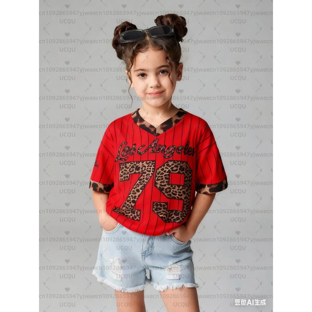Girls Casual Sports Style Los Angeles NO.79 Pattern Color Block Print Short Sleeve V-Neck Children T-shirt Tops