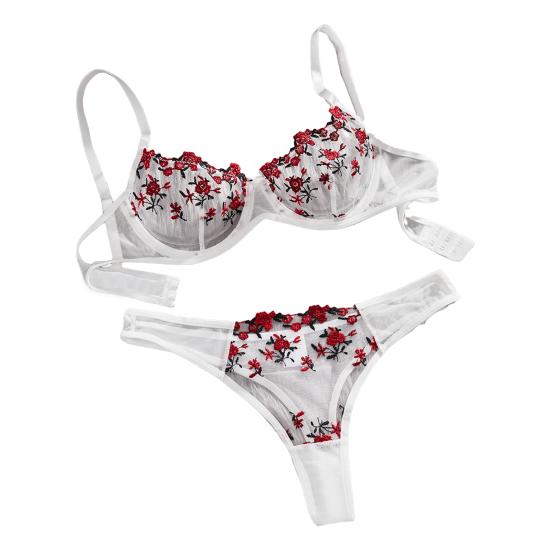 2Pcs/Set Sexy Floral Embroidered Bra Briefs Set Adjustable Straps Cut Out Unpadded Underwear with Mid-Rise Panties