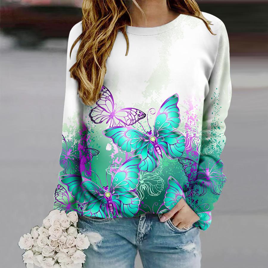Loose Casual Women Tees Elegant Butterfly Pattern Print Long Sleeve T-Shirts Autumn Tops Women O-Neck Long Sleeve T Shirt