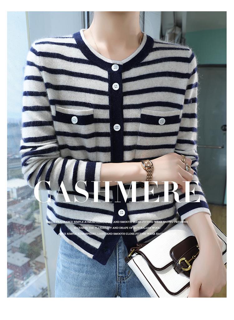 Nanyou Women's Cashmere Striped Round Neck Cardigan - High-End 2024 Early Spring Arrival