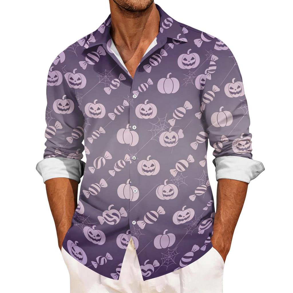 Men's Casual Long Sleeve Halloween Print Shirt Button Down Collar Relaxed Fit Lightweight Breathable Fabric Casual Sport Shirt