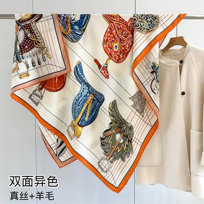 Light Luxury Saddle World Silk Wool Square Scarf Double-Sided Heterochrome Handmade Curling Fashion Shawl Scarf