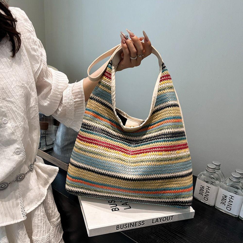 Bohemian Style Weave Straw Bag Large Capacity Hollow Tote Bag Simple Rainbow Beach Bag  Vacation