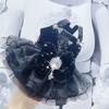 Black Red Gothic Pet Halter Dress Shiny Sequins Bling Crystal Brooch Double Bows Lace Ruffle Mesh Princess Sundress Pet Clothes