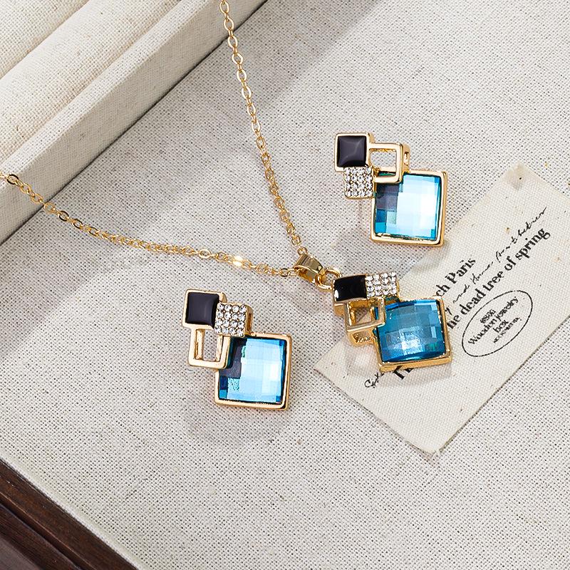 Korean Geometric Square Jewelry Set: S925 Silver Needle Minimalist Earrings & Necklace with Inlaid Diamonds