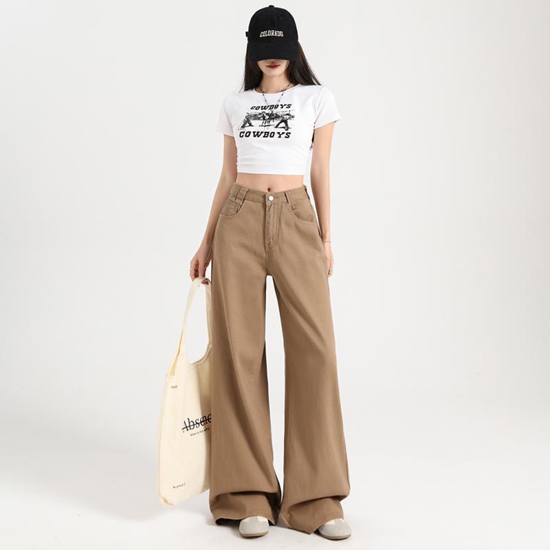 Khaki Wide Legs Denim Jeans Women Casual Versatile Straight Solid Classic Straight Jeans Ladies Clothing Suppliers