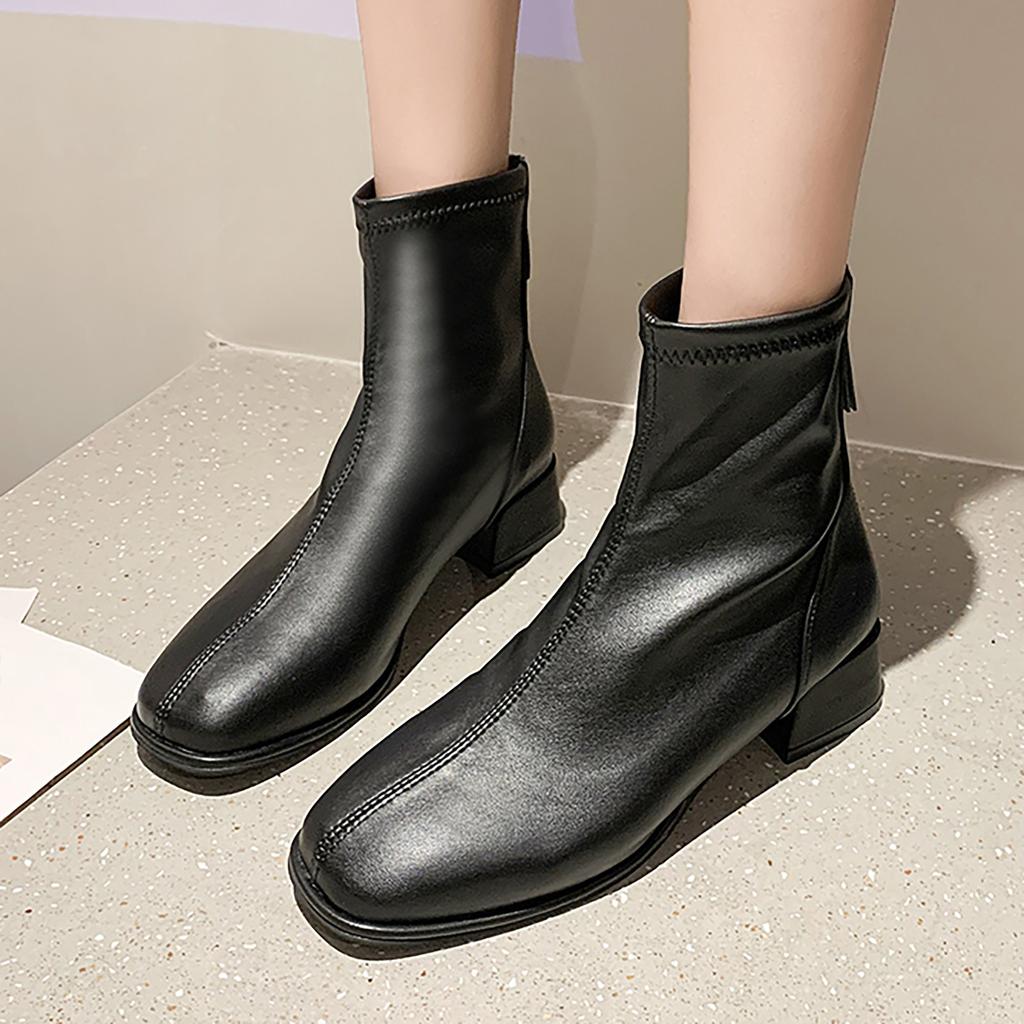 Fashion Women Artificial Leather Solid Color Thick Sole Square Heels Zipper Short Booties Square Toe Shoes Boots Size 6 Women