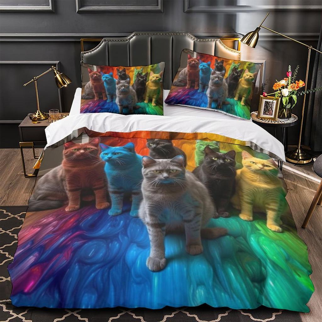 3D Digital Printing Color Cat Series Quilt Cover Pillowcase Two Or Three-Piece Set Polyester Abraded