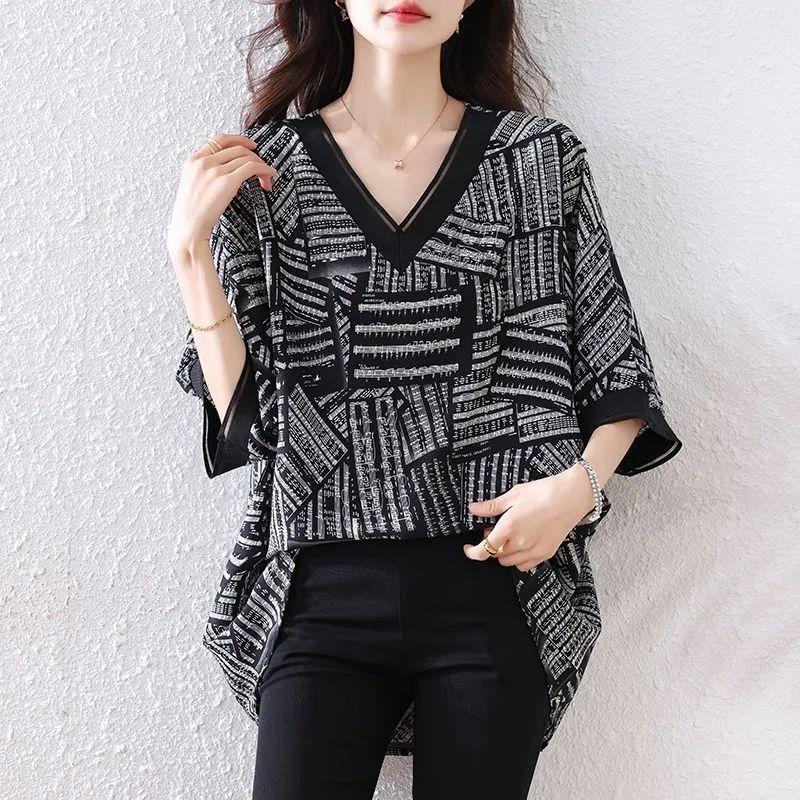 Fashionable Plus Size Chiffon Top Summer Floral Print Loose Fit Elegant T Shirt for Women Hide Tummy