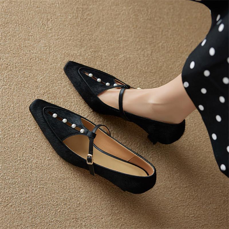 Fashion New Summer Horsehair Women Pumps Shoes for Women Fashion Pearl Square Toe Mary Jane Shoes Women Belt Buckle Ladies Shoes