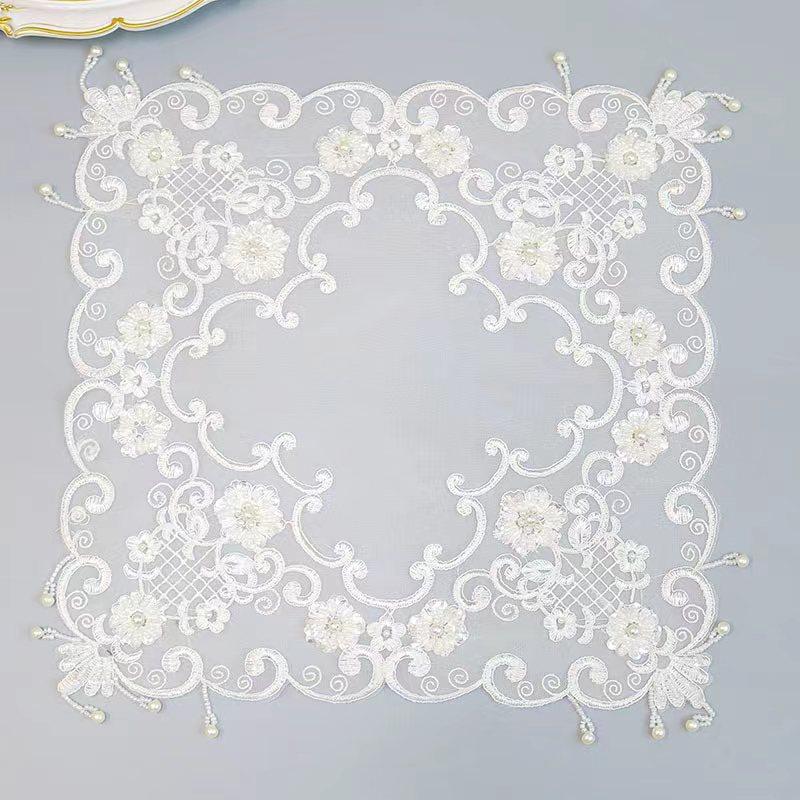 NEW White beads flowers Embroidery table cloth cover wedding tea tablecloth kitchen Christmas Table decoration and accessories
