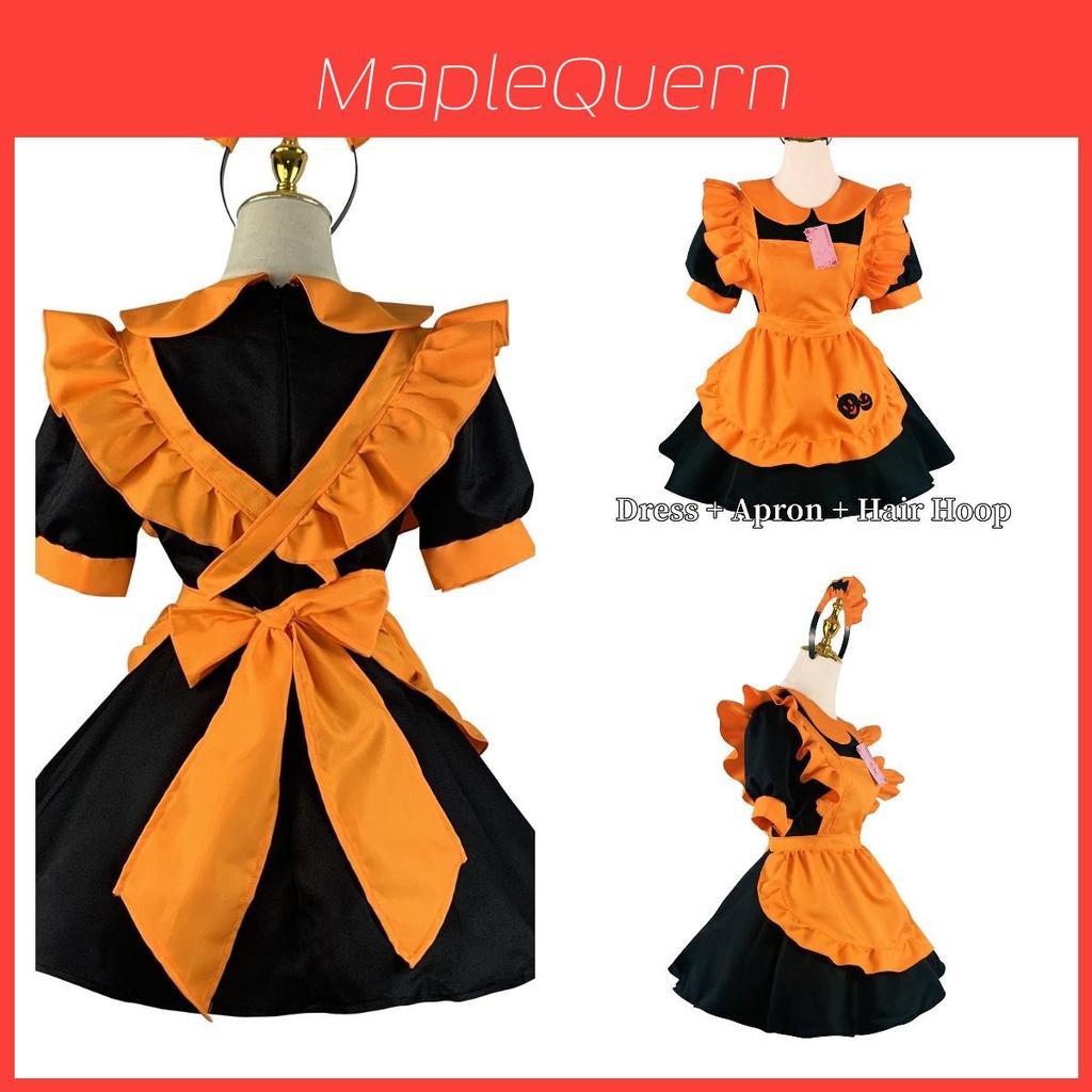 Cute Lolita Pumpkin Maid Halloween Party Costume Dress With Headdress