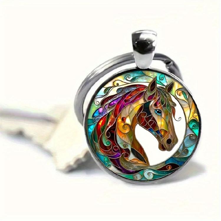 Alloy Keychain With Dome Glass Horse Charm For Keys Purses Decorative Key Chain Accessories for Women Girls