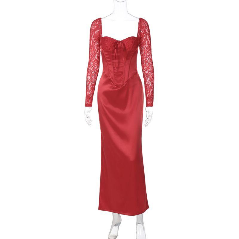 

Dress Fashion Elegant Silm Satin Long Dress Wrapped Chest Shoelace Cinched Patchwork Lace Long Sleeve Narrow Dress Red L