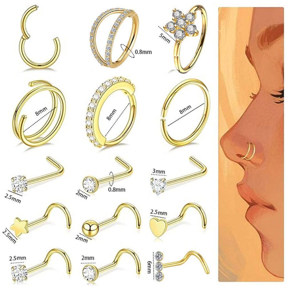 15Pcs L Ring Hoop Double Nose Rings Mixed Body Clips Hoop  for Women Men