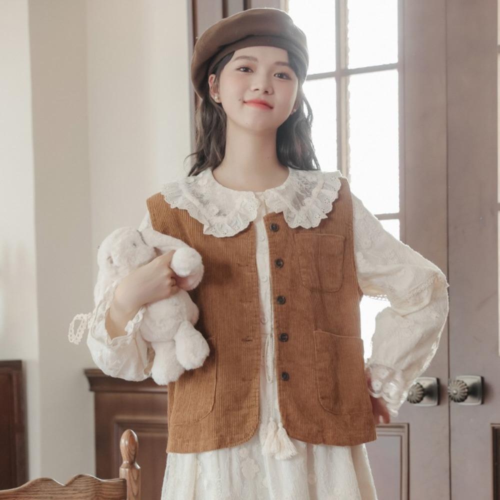 All Match Vintage Corduroy Vests Brown Cropped Sleeveless Jacket Button-up Short Coats  Ladies