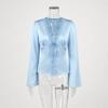 Women Elegant Satin Blouse Lace V Neck Flare Sleeve Silk Shirt Casual Solid Color Tie Front Top Vintage Office Ladies Blouse Party Clubwear