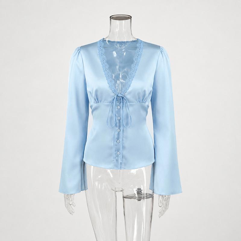 Women Elegant Satin Blouse Lace V Neck Flare Sleeve Silk Shirt Casual Solid Color Tie Front Top Vintage Office Ladies Blouse Party Clubwear