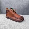 Johnature Square Toe Short Boots Genuine Leather Lace-up Retro Versatile Women Soft Sole Flat Shoes