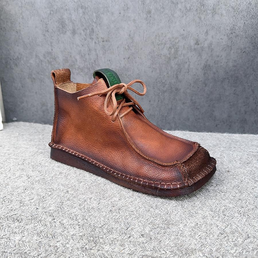Johnature Square Toe Short Boots Genuine Leather Lace-up Retro Versatile Women Soft Sole Flat Shoes