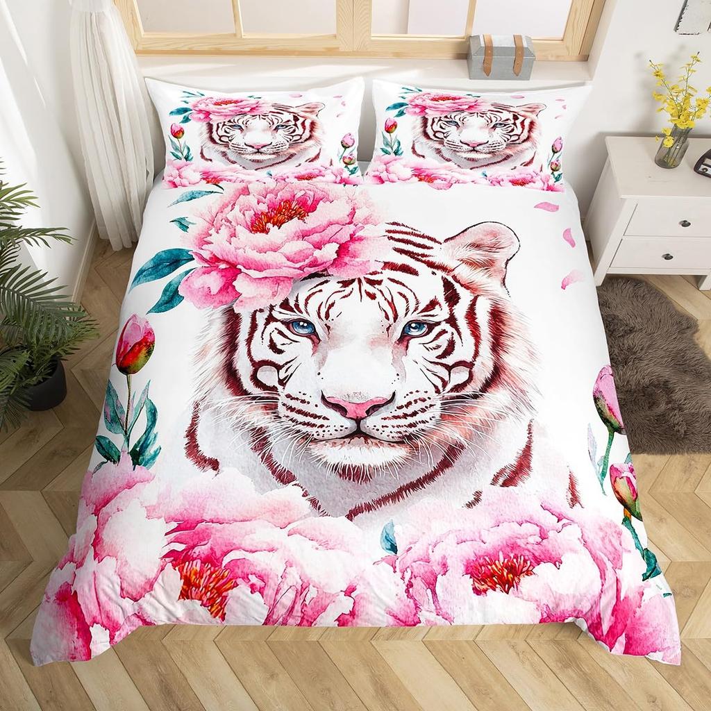 White Tiger Duvet Cover Set Queen Size Wildlife Comforter Covers Animal Print Bedding Set For Boys Girls Kids Art Bedroom Decor