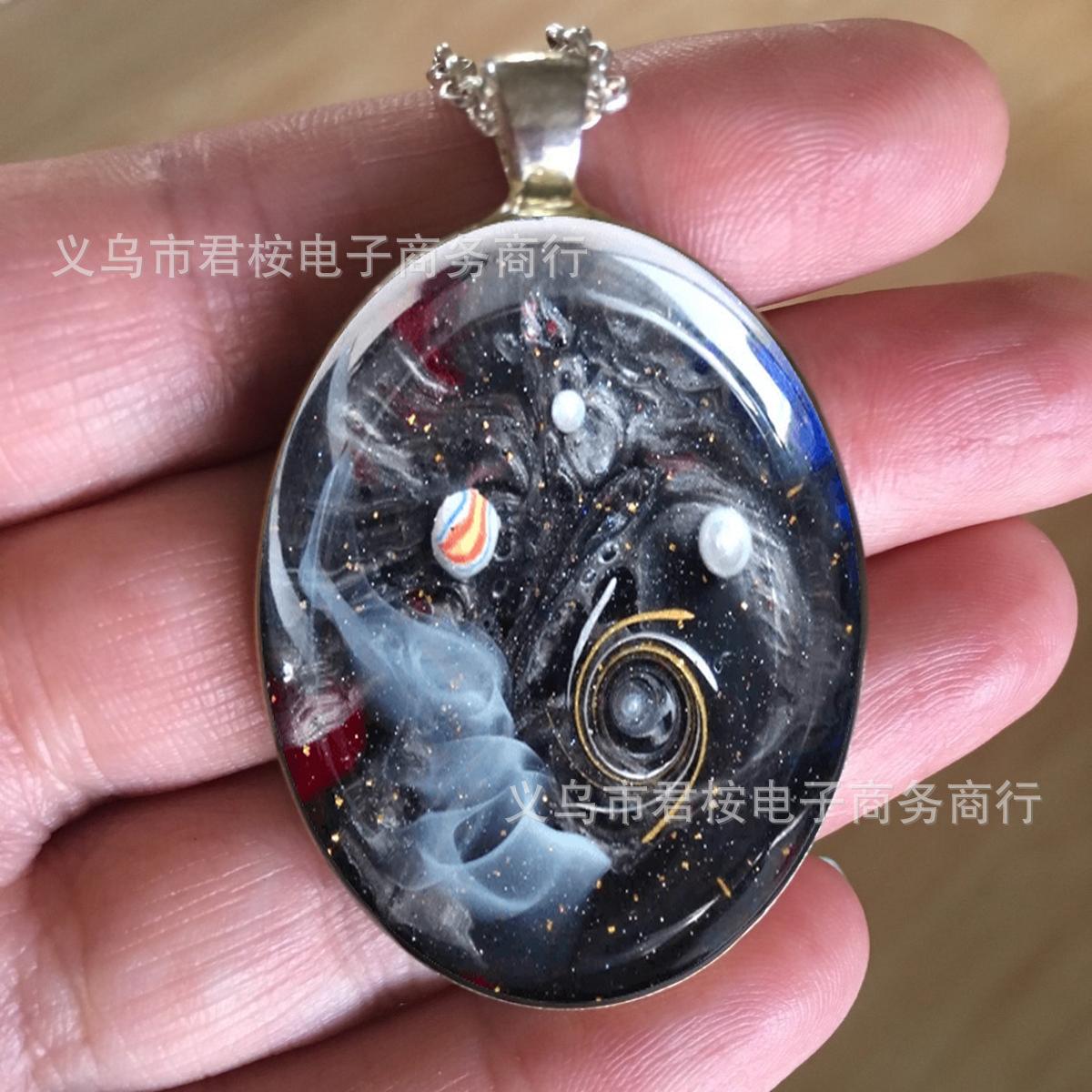 

Gothic Boho Geometric Oval Art Painting Universe Starry Sky Life Tree Glass Pendant Necklace for Women Collar Chain Jewelry Gift