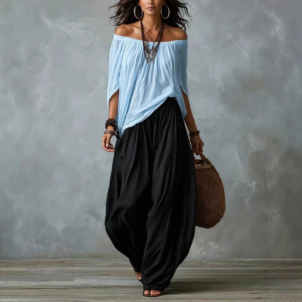 1116 Nuovo completo estivo europeo e americano di alta gamma casual con pantaloni a gamba larga e top monospalla per donna