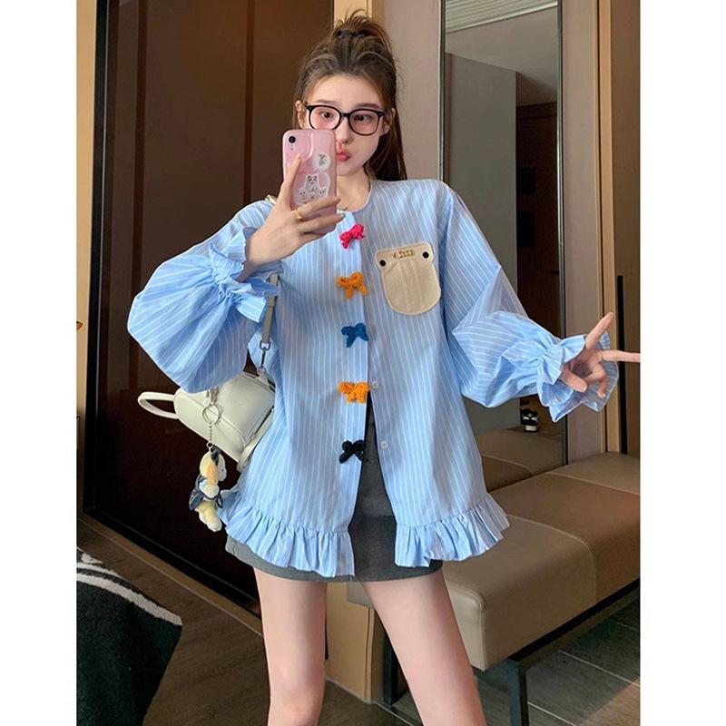 2026 New Blue Striped Bow Shirt: Spring French Elegance & Light Luxury Korean Style 2X Large