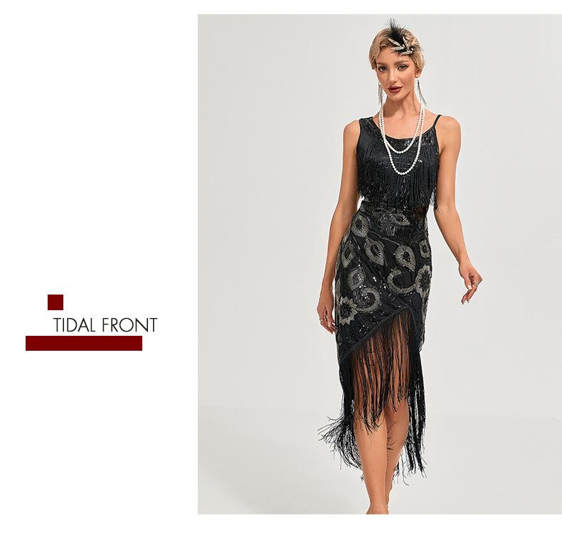 Sukienka cekinowa lata 20. Retro sukienka z frędzlami taneczna o średniej długości sukienka wieczorowa