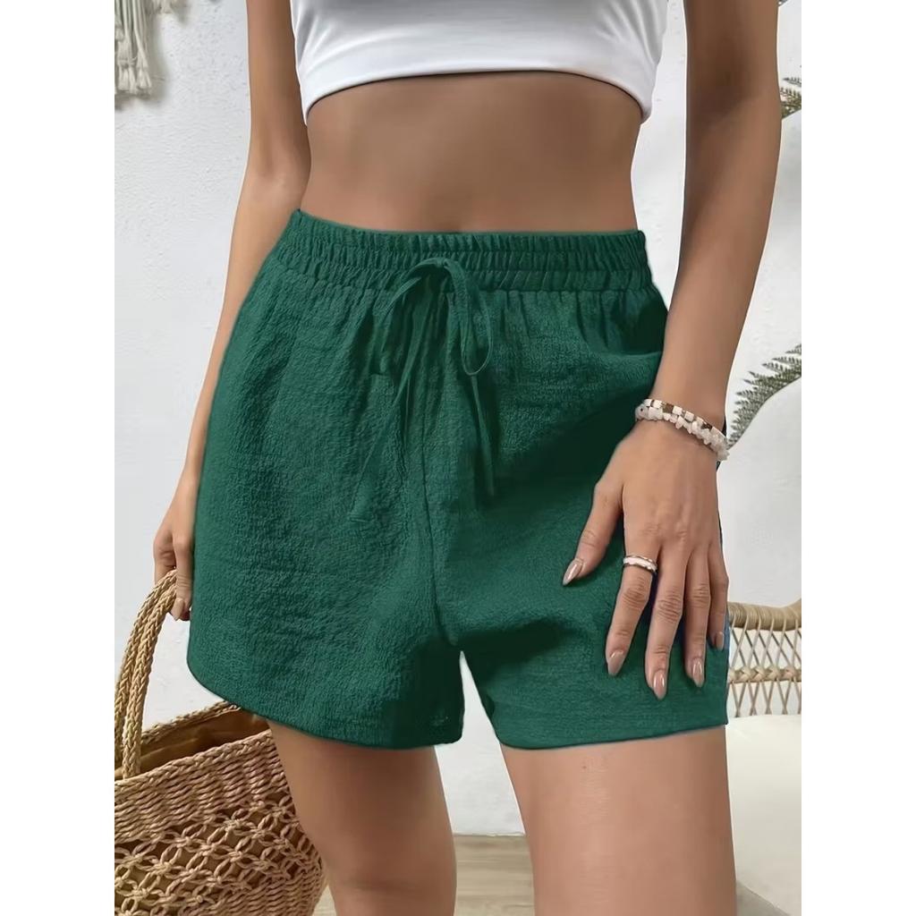 Women's Summer Solid Color Casual Loose Shorts, Elastic Waist Lace-up, Minimalist Fashion Basic Versatile Home Shorts