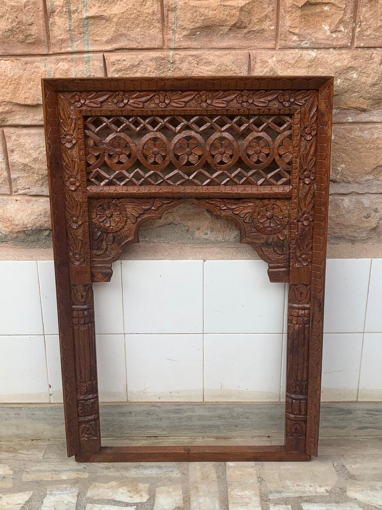 Hand Carved Mango Wood Window Frame: Antique Floral Wall Decor