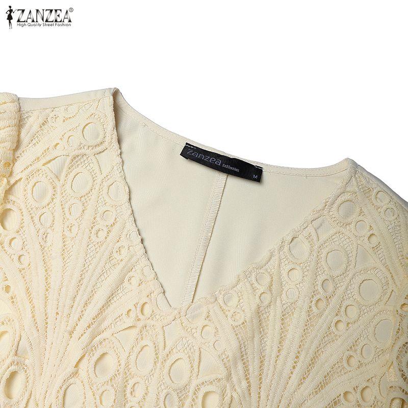 ZANZEA Women Casual V-Neck 3/4 Sleeve Patchwork Lace Dress