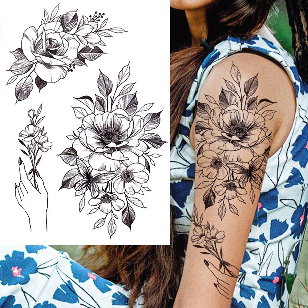 Black Flower Temporary Tattoo For Women Adultsl Fake Peony Rose Dahlia Lotus Tattoo Sticker 3D Body Art Bouquet Sexy Tatoo Paste