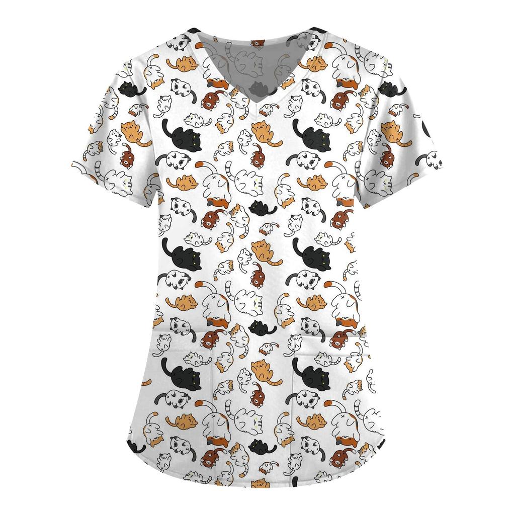Women's Short Sleeve V-Neck Cute Animals Printed Pocket Carer Top