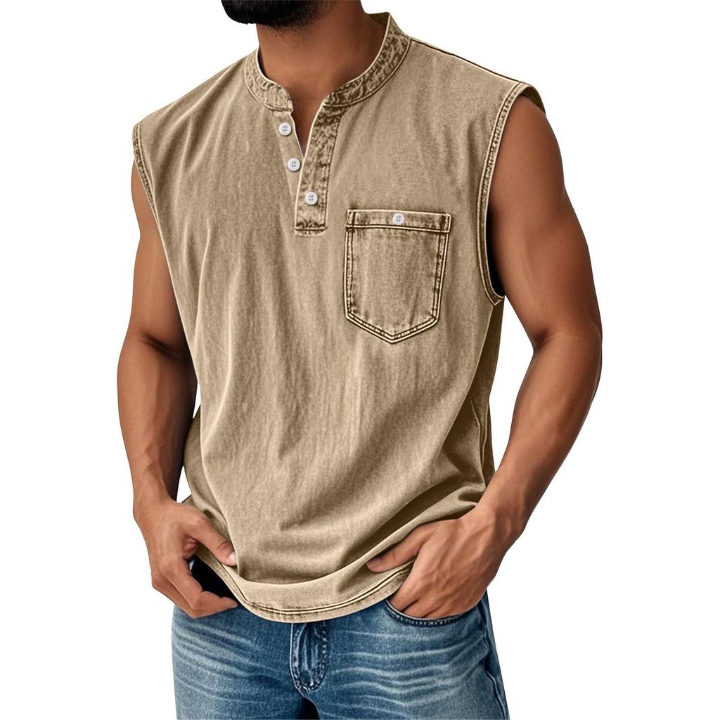 Canotta da uomo senza maniche con scollo Henley, abbottonatura e taschino sul petto, vestibilità casual ampia, maglietta estiva