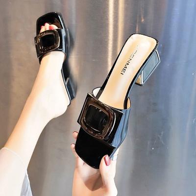 High Heels Slippers Korean Version Temperament Medium Heel Sandals Women's Summer Wear 2025 New Fashion Versatile Thick Heel One-word Drag