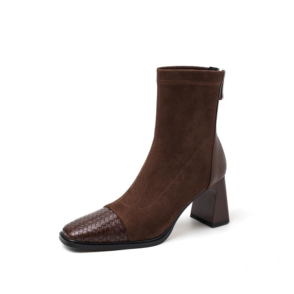 7CM French retro splicing temperament high-heeled boots 2025 autumn and winter new square head thick heel rear zipper light luxury short boots