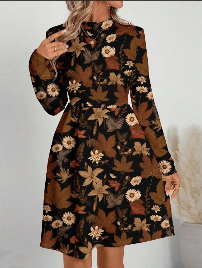 Autumn and winter new casual fashion floral printing long-sleeved stand-up collar dress women's clothing
